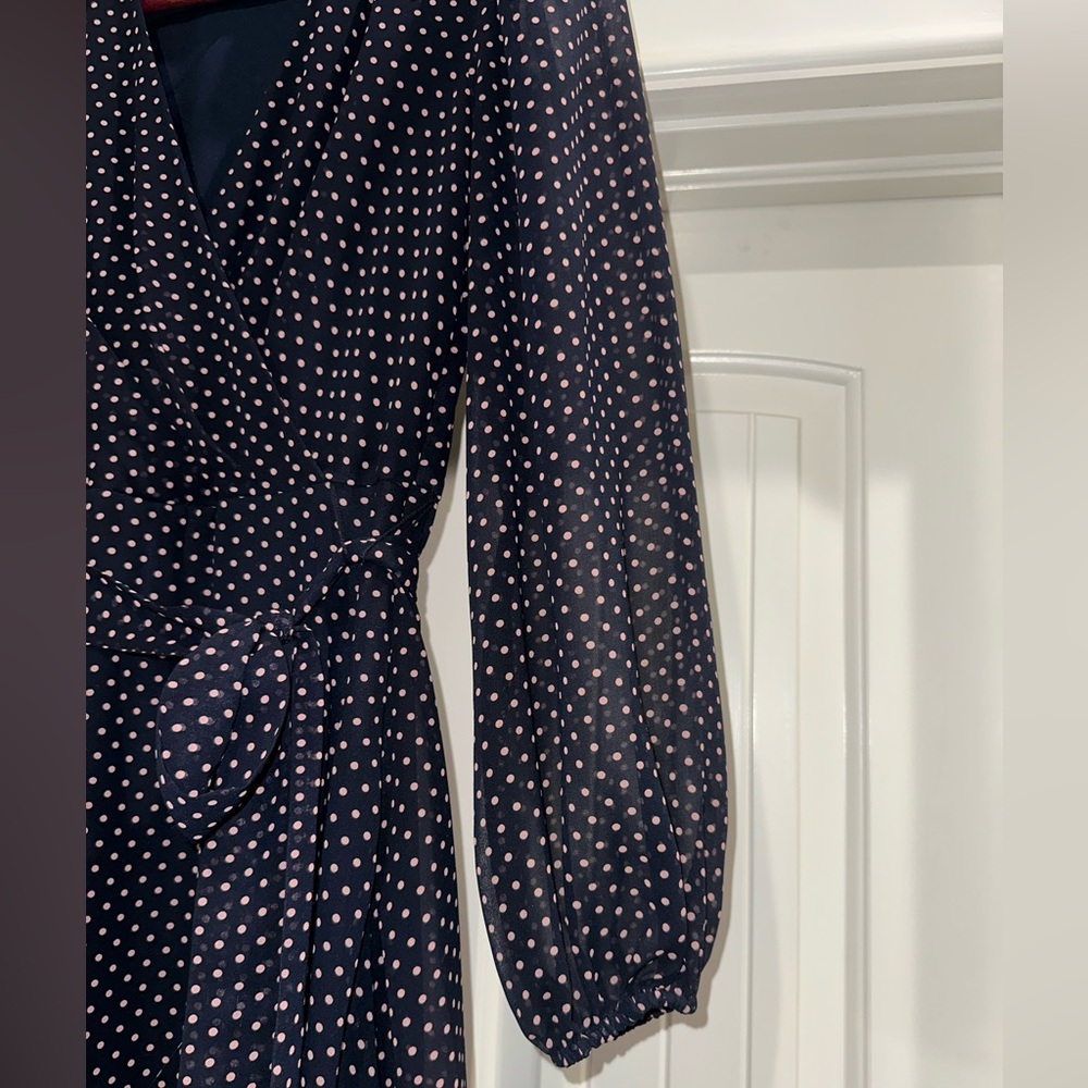 DKNY Navy Pink Polka Dot Sheer Faux Wrap Dress - Picture 3 of 6